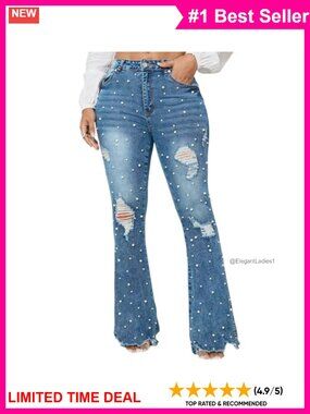 Rhinestone Pearl Flare Jeans Women Mid Rise Tummy Control Stretch Denim